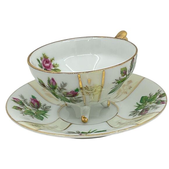 Vintage Pink Rose Tea Cup and Saucer 3 Footed Geometric‎ Lusterware Gold Trim - Picture 4 of 9